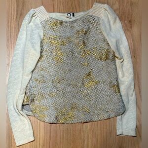 Anthropologie Akemi Kin Gold Foil Printed Pointelle Knit Sweater Top XS